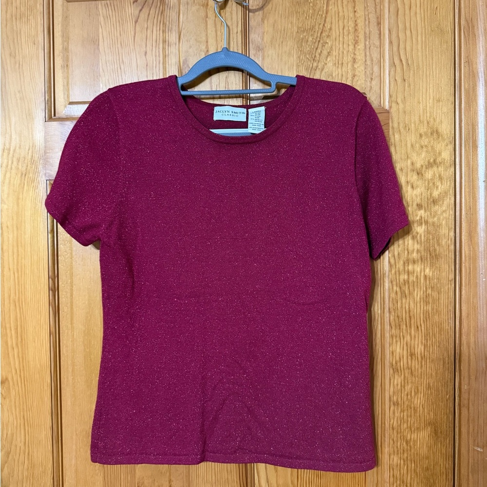 Jaclyn Smith Classic Womens Large Magenta Pink Metallic Sparkle Knit Top T-Shirt